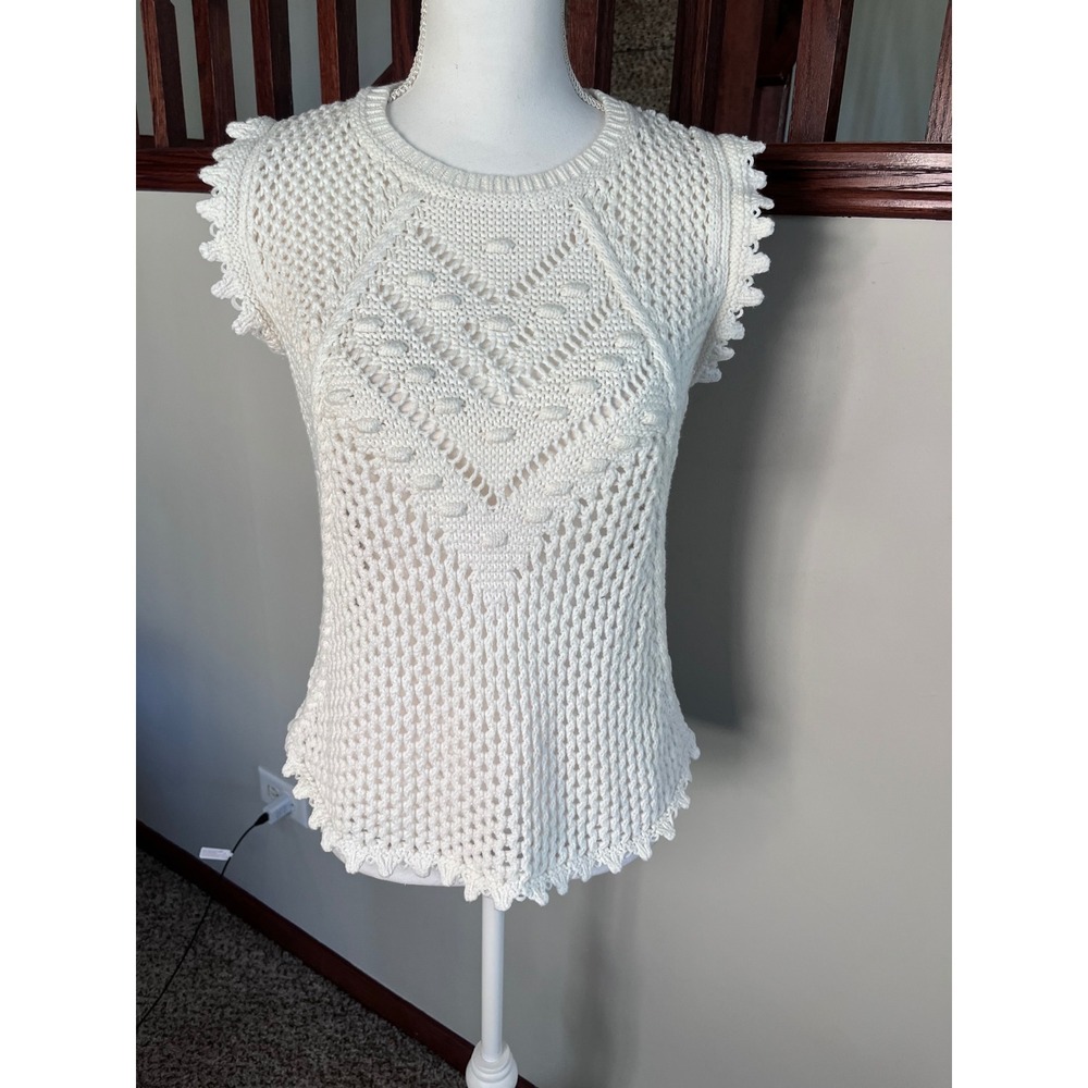 Another Love White Crochet Knit Sleeveless Top Scalloped Bobble Chevron Small